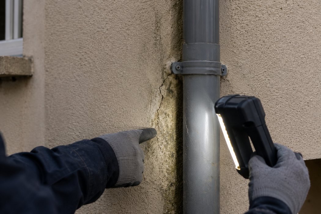Inspección del encuentro entre una bajante y la fachada con luz de trabajo