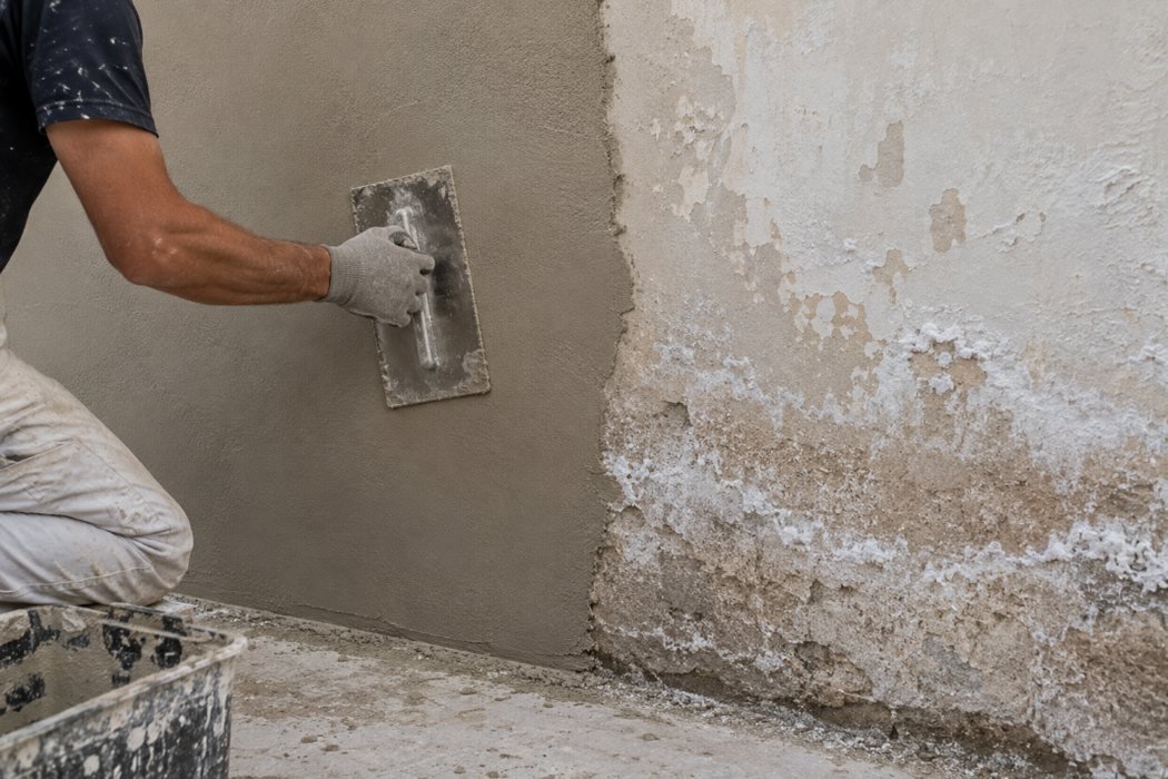 Aplicación de mortero transpirable sobre un muro tratado, con la zona sin sanear a la derecha